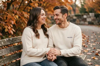 Couple portant des pulls personnalisés assortis avec une date brodée, assis sur un banc en bois dans un parc en automne