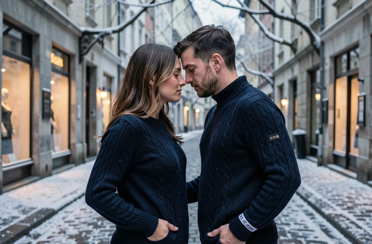 Couple en pulls en laine marine personnalisés avec date brodée sur la manche, dans une rue pavée enneigée d'une vieille ville européenne