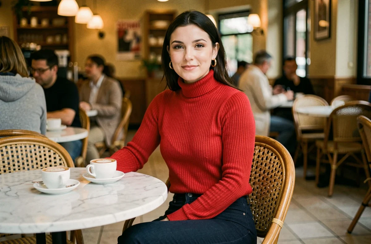 Femme en pull rouge col roulé associé à un jean bleu marine dans un café, association de couleurs tendance pour habillement rouge femme