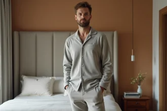 Homme en pyjama pilou coupe droite gris chiné debout dans une chambre cosy aux tons neutres