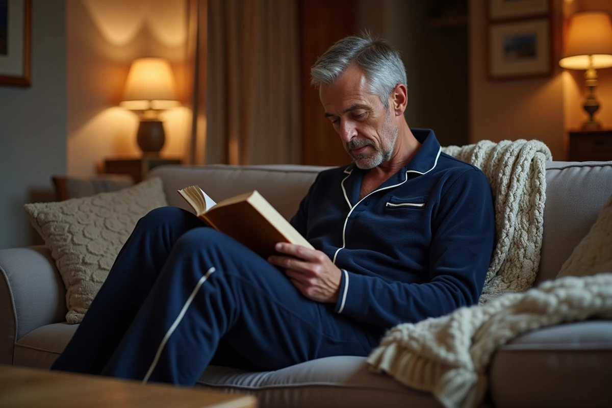 Homme en pyjama pilou coupe relax bleu marine assis sur un canapé en train de lire