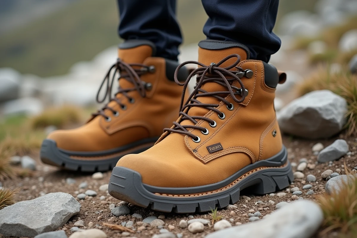 Gros plan sur des rangers en daim camel à semelle crantée sur un sentier montagneux rocailleux, détail chaussure homme outdoor
