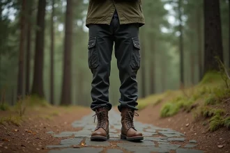Homme portant des rangers kaki lacées avec un pantalon cargo et une veste cirée en forêt, look baroudeur masculin