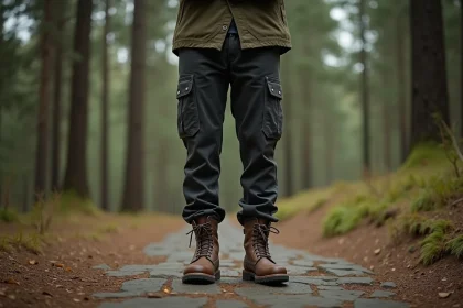 Homme portant des rangers kaki lacées avec un pantalon cargo et une veste cirée en forêt, look baroudeur masculin