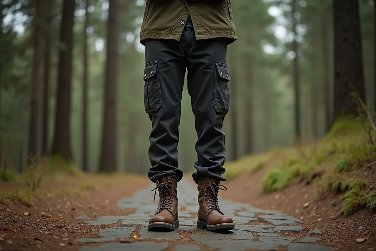 Homme portant des rangers kaki lacées avec un pantalon cargo et une veste cirée en forêt, look baroudeur masculin