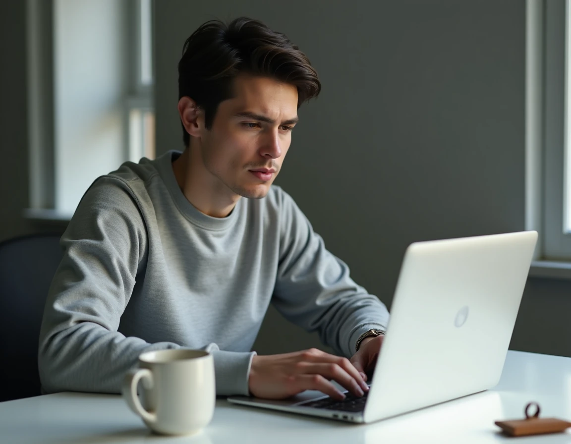 Personne rédigeant un avis client en ligne sur SRD Bijoux depuis un bureau à domicile