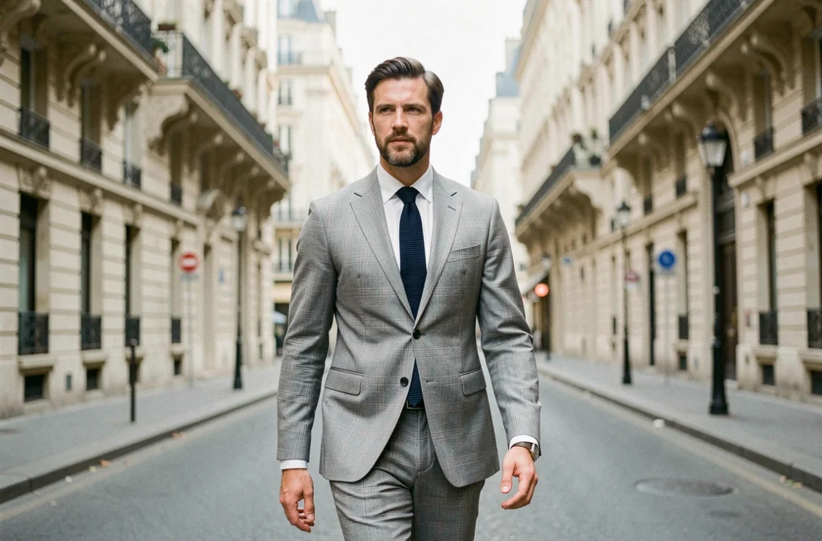 Homme en costume sur mesure gris à carreaux marchant élégamment sur un boulevard haussmannien de Paris