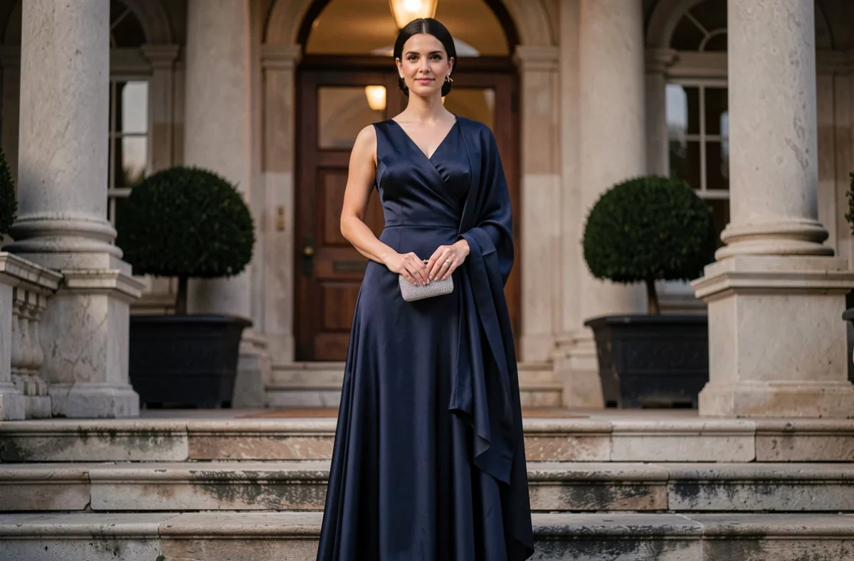 Femme en robe longue SINEQUANONE bleu marine accessoirisée d'un minaudière et d'un étole en soie devant un lieu de réception élégant