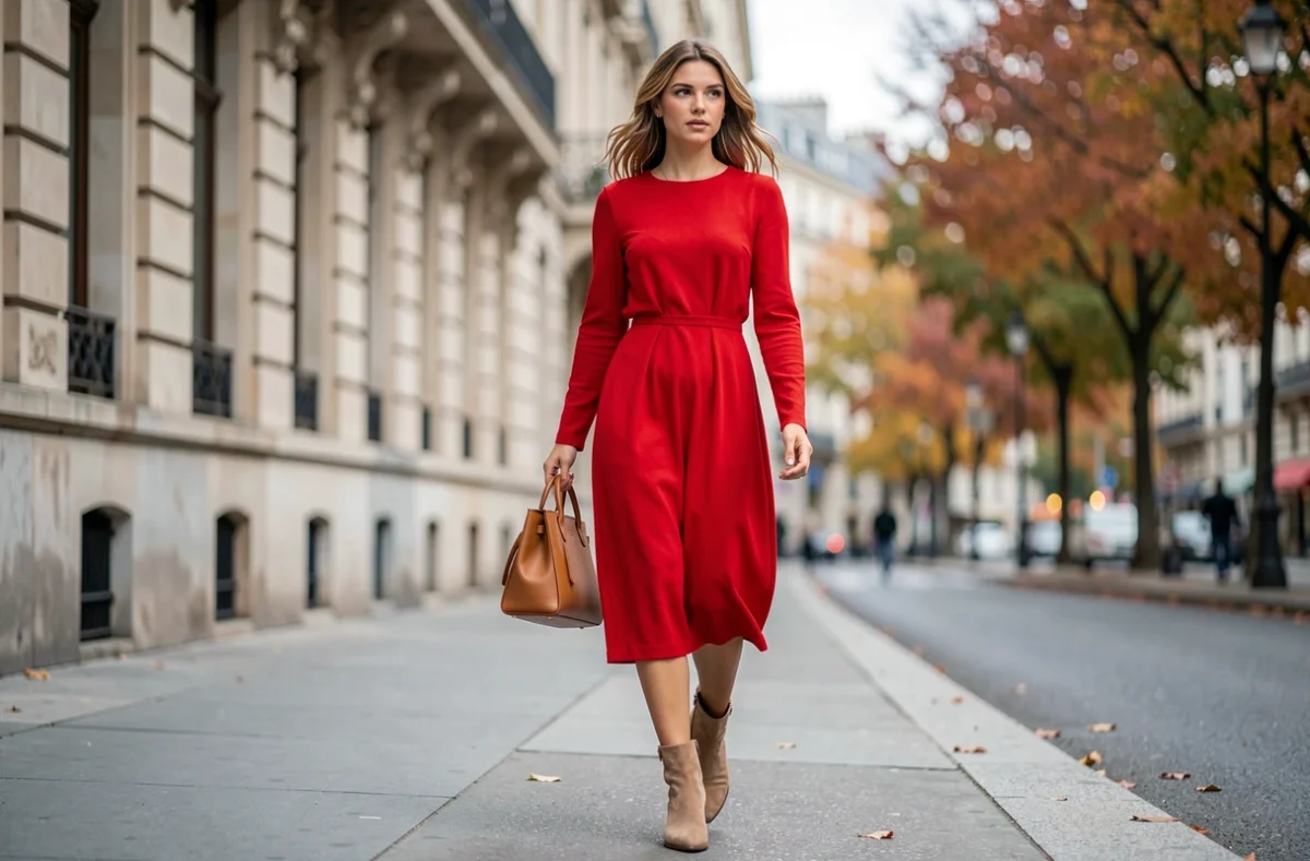 Femme en robe rouge midi associée à des bottines camel dans une rue parisienne, idée de couleur complémentaire au rouge pour une tenue femme