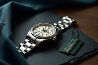 Rolex Datejust 36 en acier inoxydable posée sur une surface en ardoise avec une étiquette de prix élégante