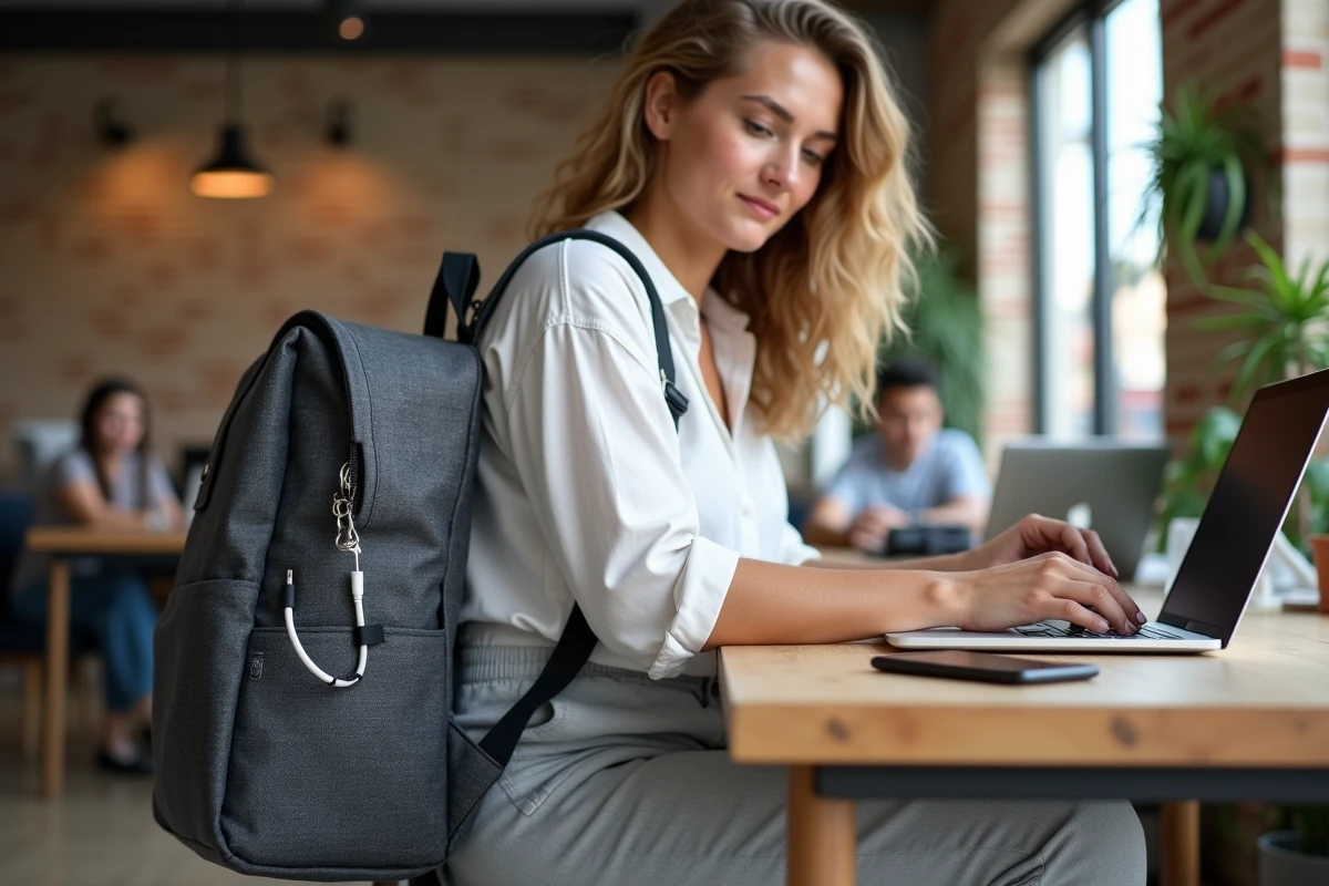 Sac à dos femme avec port USB en usage quotidien dans un espace de coworking