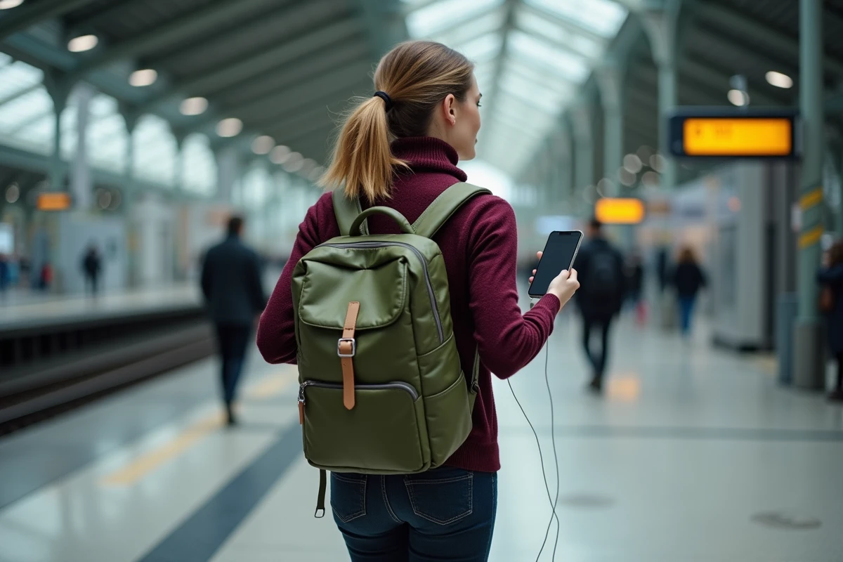 Femme en déplacement en gare avec sac à dos ordinateur et port USB pour charger son téléphone
