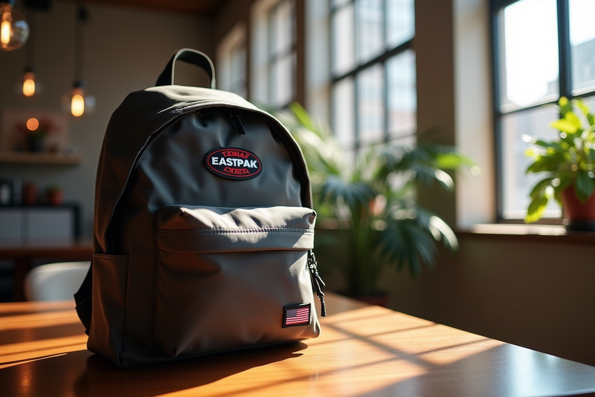 Sac Eastpak sur table en bois avec étiquette USA