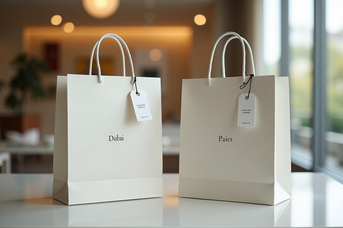 Sacs Zara pliés avec étiquettes dans un intérieur lumineux