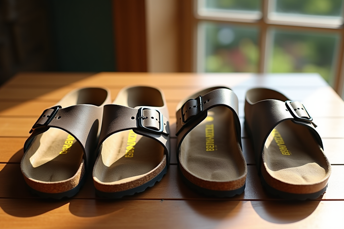 Comparaison de sandales Birkenstock authentiques et imitation sur une table en bois