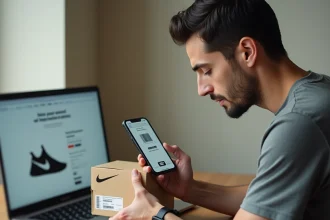Homme scannant le code UPC d'une boîte Nike avec une application smartphone pour interroger une base de données produit
