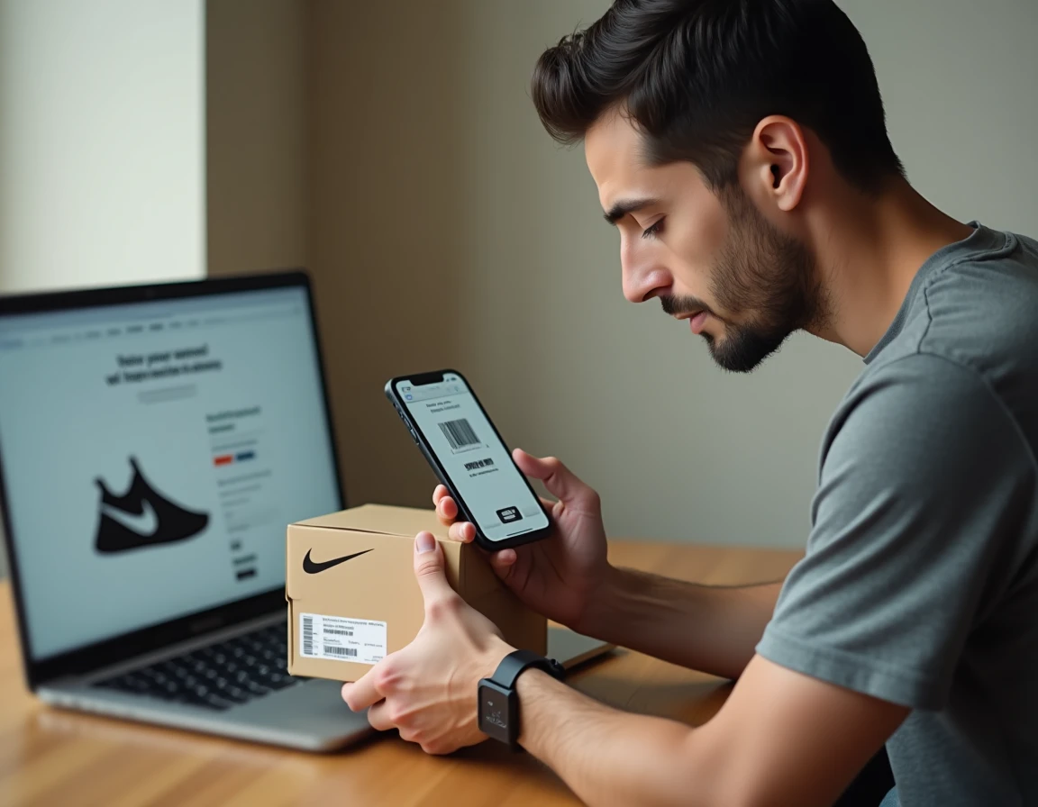 Homme scannant le code UPC d'une boîte Nike avec une application smartphone pour interroger une base de données produit