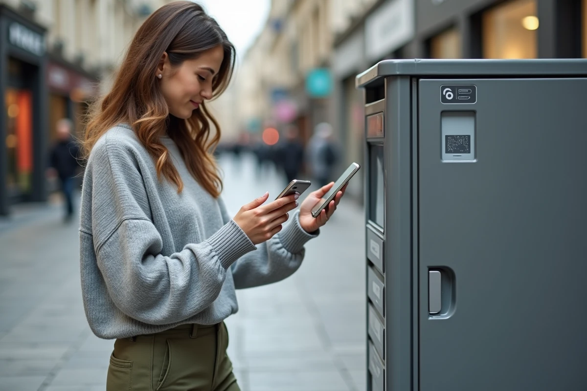 Femme scannant un QR code sur son téléphone devant une consigne automatique Vinted Go en extérieur dans une rue commerçante française