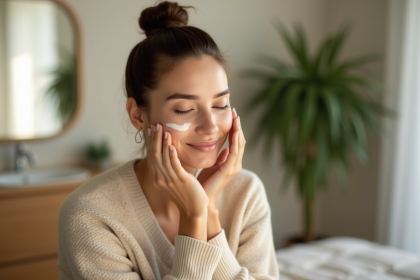 Femme appliquant une creme visage naturelle et relaxee