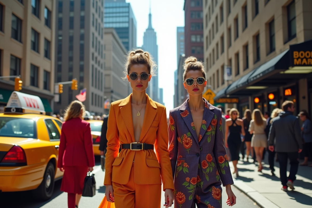 Mode de rue à New York avec foule colorée et taxis jaunes