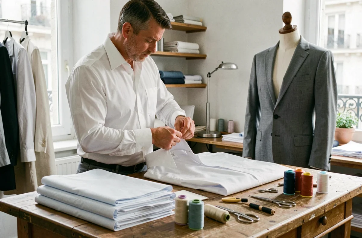 Artisan tailleur finissant à la main le col d'une chemise sur mesure dans un atelier parisien avec costume en cours