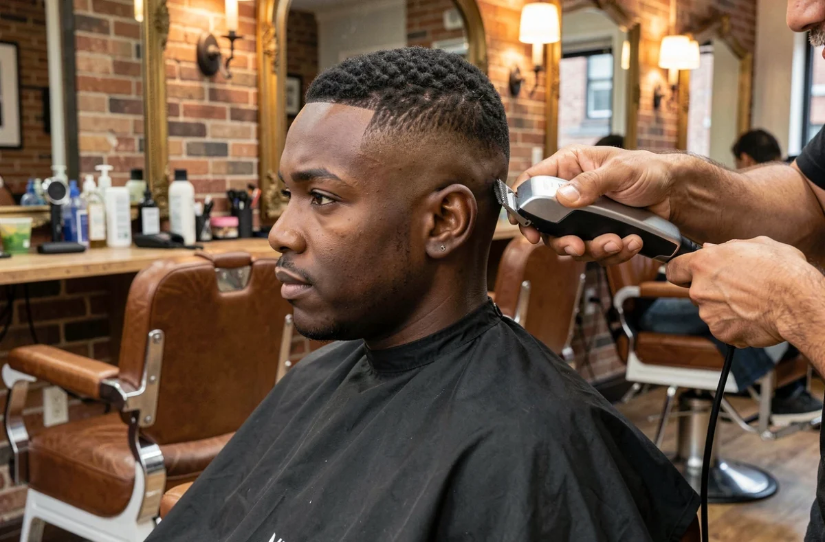 Homme aux cheveux courts recevant un taper bas chez le barbier, vue de profil montrant le dégradé net sur les côtés