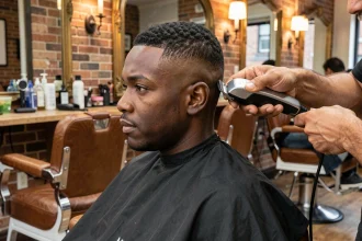Homme aux cheveux courts recevant un taper bas chez le barbier, vue de profil montrant le dégradé net sur les côtés