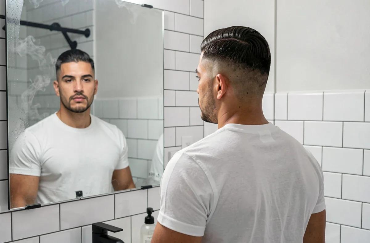Homme hispanique avec un taper bas soigné se regardant dans un miroir de salle de bain moderne, coupe nette et stylée