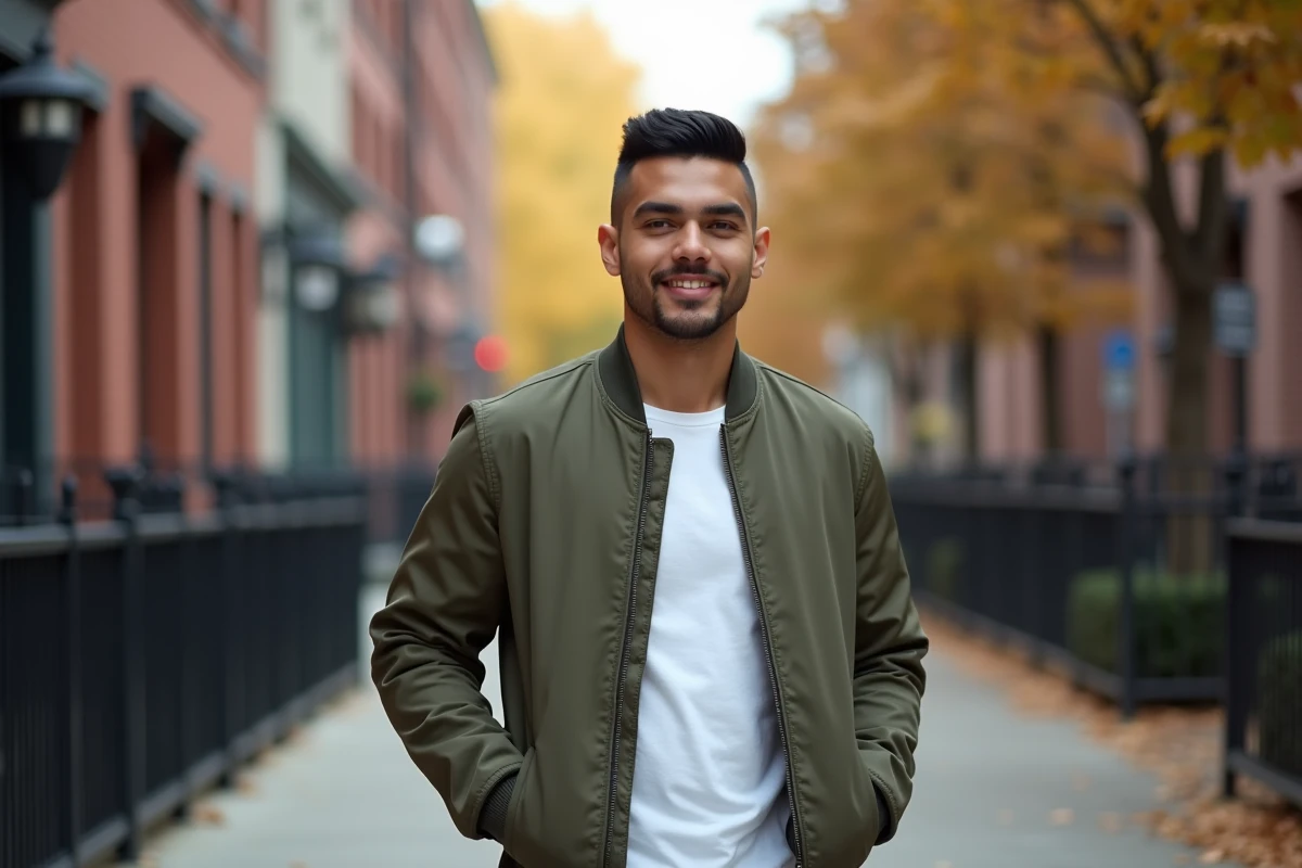 Jeune homme hispanique avec taper fade coupe casquette en extérieur en ville, illustration de la coupe adaptée à un visage carré anguleux