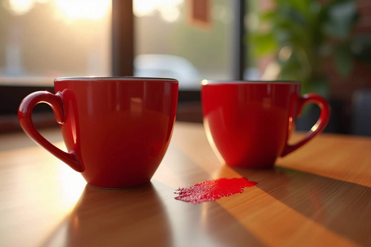 Deux tasses de café avec marque de rouge à lèvres rouge vif
