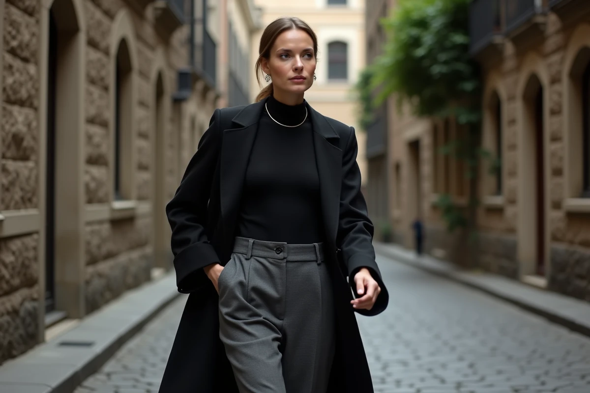 Femme vêtue d'un col ras du cou noir et manteau long marchant dans une rue pavée européenne, look gothique chic en plein air
