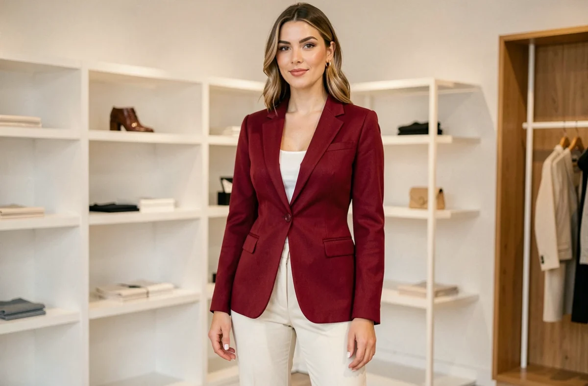 Femme portant un blazer rouge avec un pantalon blanc ivoire dans une boutique parisienne, exemple de couleur qui va bien avec le rouge