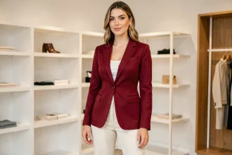 Femme portant un blazer rouge avec un pantalon blanc ivoire dans une boutique parisienne, exemple de couleur qui va bien avec le rouge