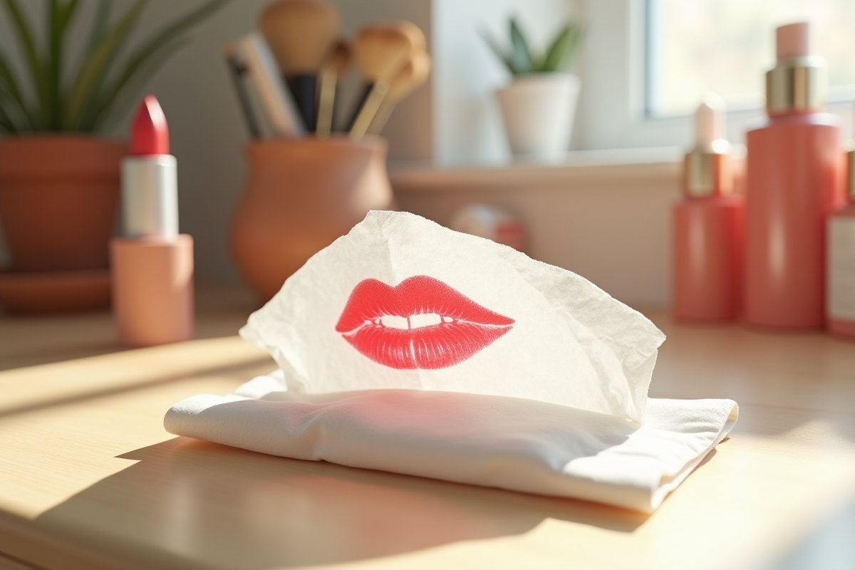 Mouchoir blanc avec marque de rouge à lèvres rouge vif