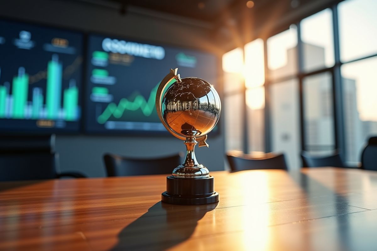 Trophée globe dans un bureau moderne avec logos et graphiques