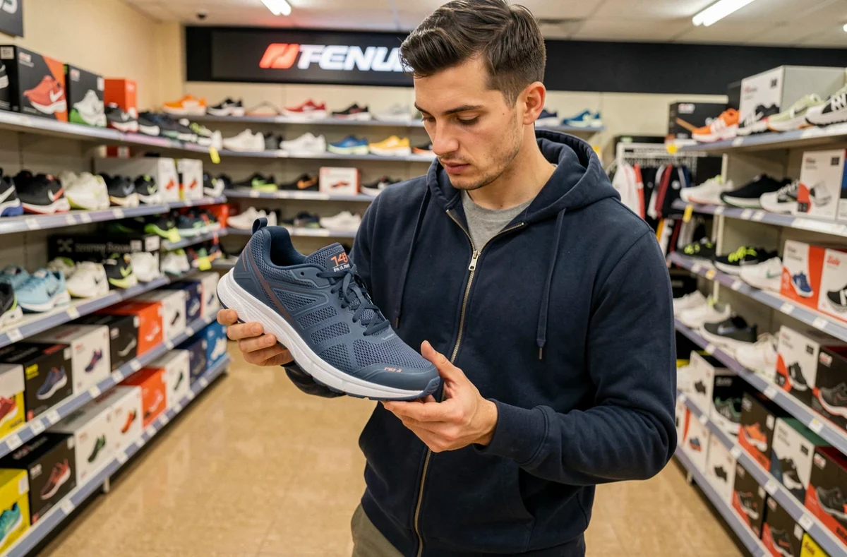 Homme examinant l'étiquette de taille à l'intérieur d'une basket de running dans un magasin de sport, illustrant l'importance de vérifier les correspondances de pointures