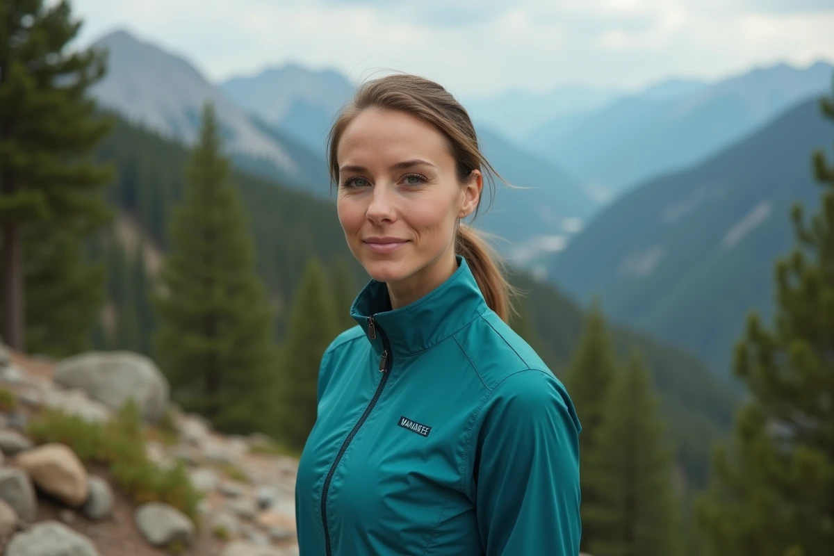 Femme portant une veste de randonnée WANABEE turquoise sur un sentier montagneux entouré de pins