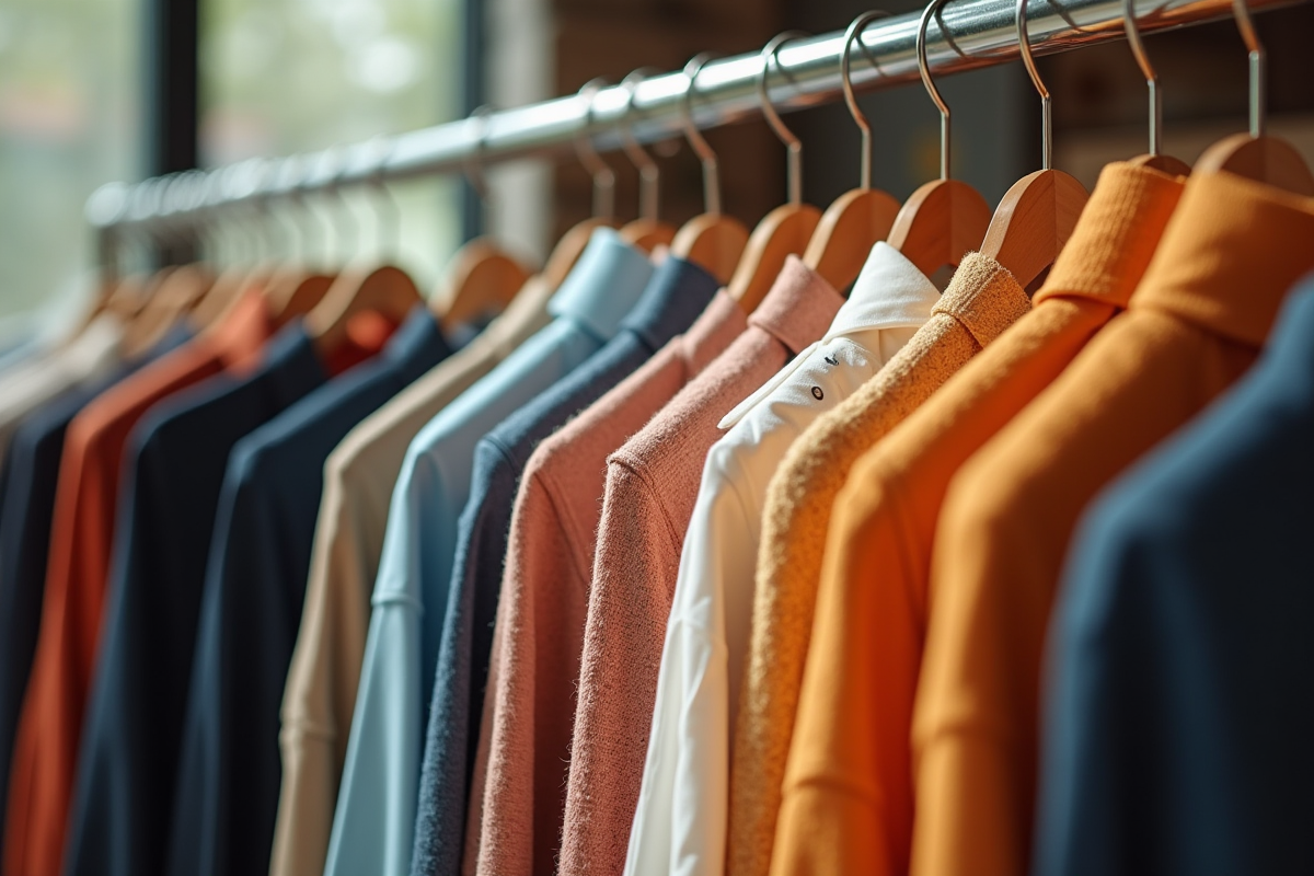 Vêtements rangés sur racks en boutique moderne avec lumière naturelle