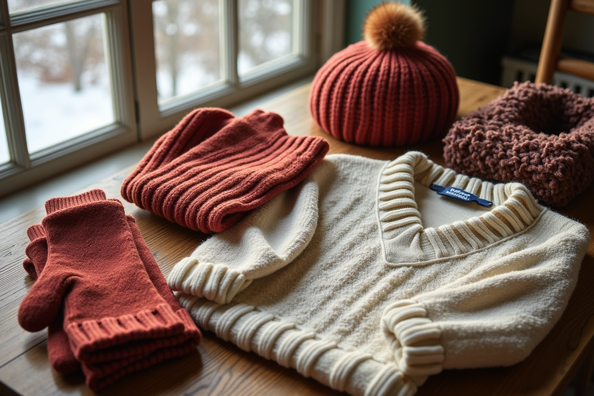 Vêtements d hiver essentiels en disposition sur une table en bois