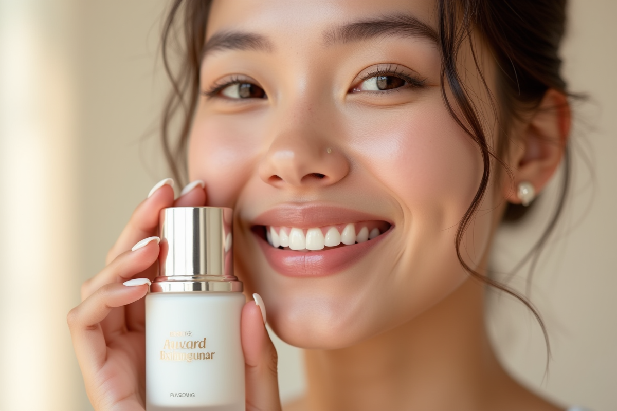 Visage souriant avec peau impeccable tenant un flacon de soin