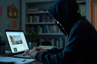 Personne anonyme assise devant un ordinateur portable affichant des images floues sur les réseaux sociaux, visage dissimulé sous une capuche sombre dans un bureau encombré